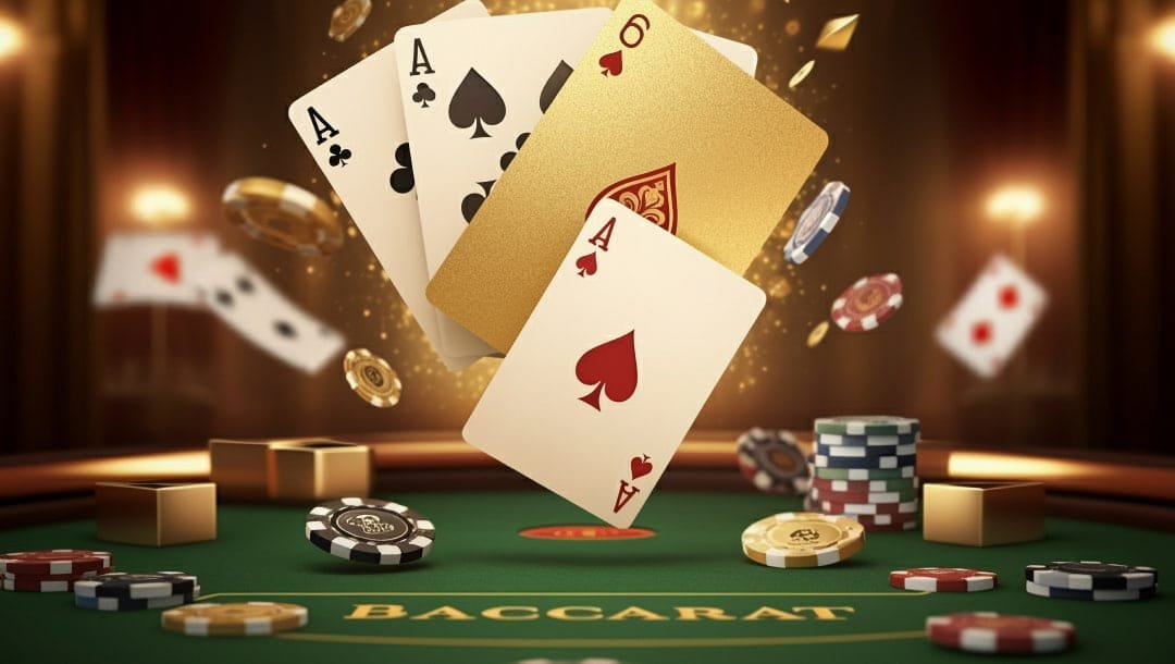A visually striking display of playing cards and poker chips on a green felt table, symbolizing the game of baccarat.