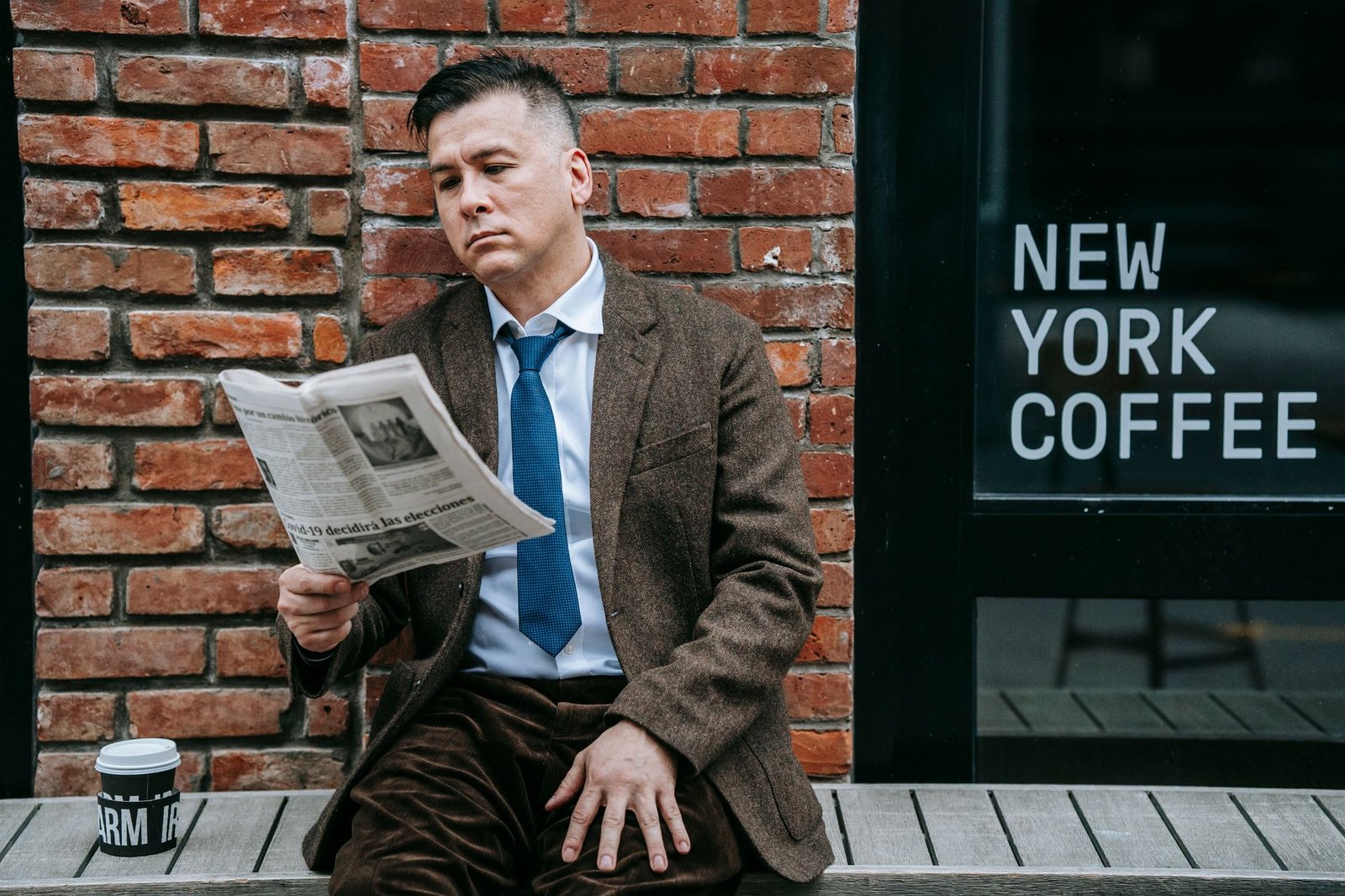 A professional man in formal wear reads a newspaper beside a coffee shop window. — PPVIP Sports betting: Place your Wagers on